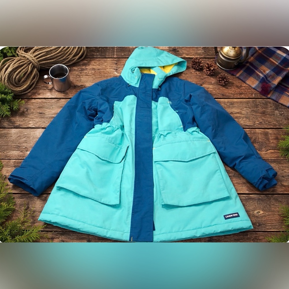 Lands' End Women's Squall Coat - Dark Blue and Aqua- Yellow Interior